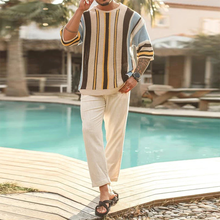 Breathable Striped Hollow Knit Summer T-Shirt for Men-HighTouch