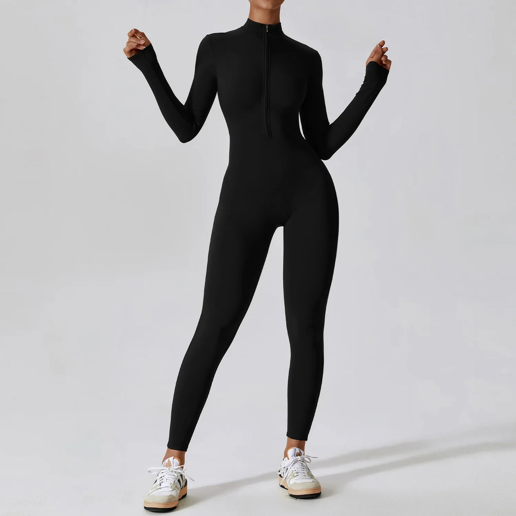 Women’s Slim Fit Jumpsuit Long Sleeve Zip Front Casual Outfit-HighTouch