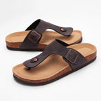 Women's Leather Cork Footbed Sandals – Adjustable Buckle Flats for All-Day Comfort-HighTouch