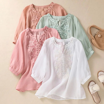 Embroidered Linen Cotton Blouse – Casual 3/4 Sleeve Women’s Top