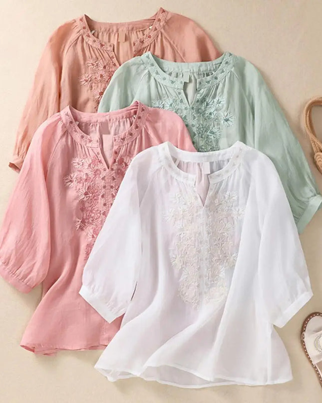 Embroidered Linen Cotton Blouse – Casual 3/4 Sleeve Women’s Top