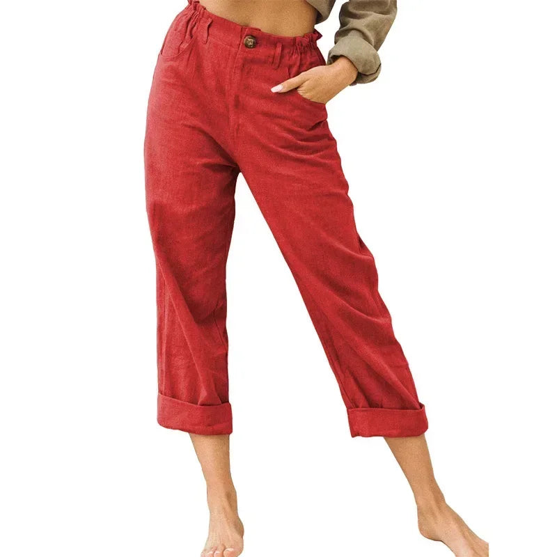 Spring Cotton-Linen Women’s Loose Button Pockets Pants – Elegant & Breathable-HighTouch
