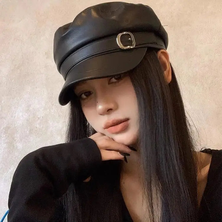 Winter Beret Women Black PU Leather Y2K Punk Newsboy Cap