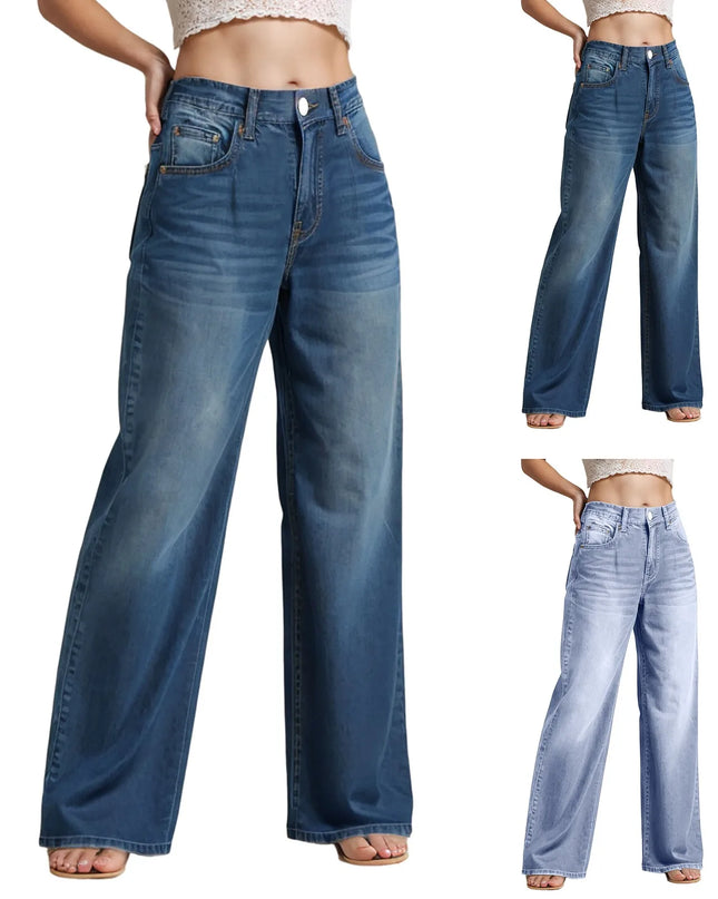 High-Waist Blue Wash Wide-Leg Jeans for Women – Stretch Comfort, Baggy Style