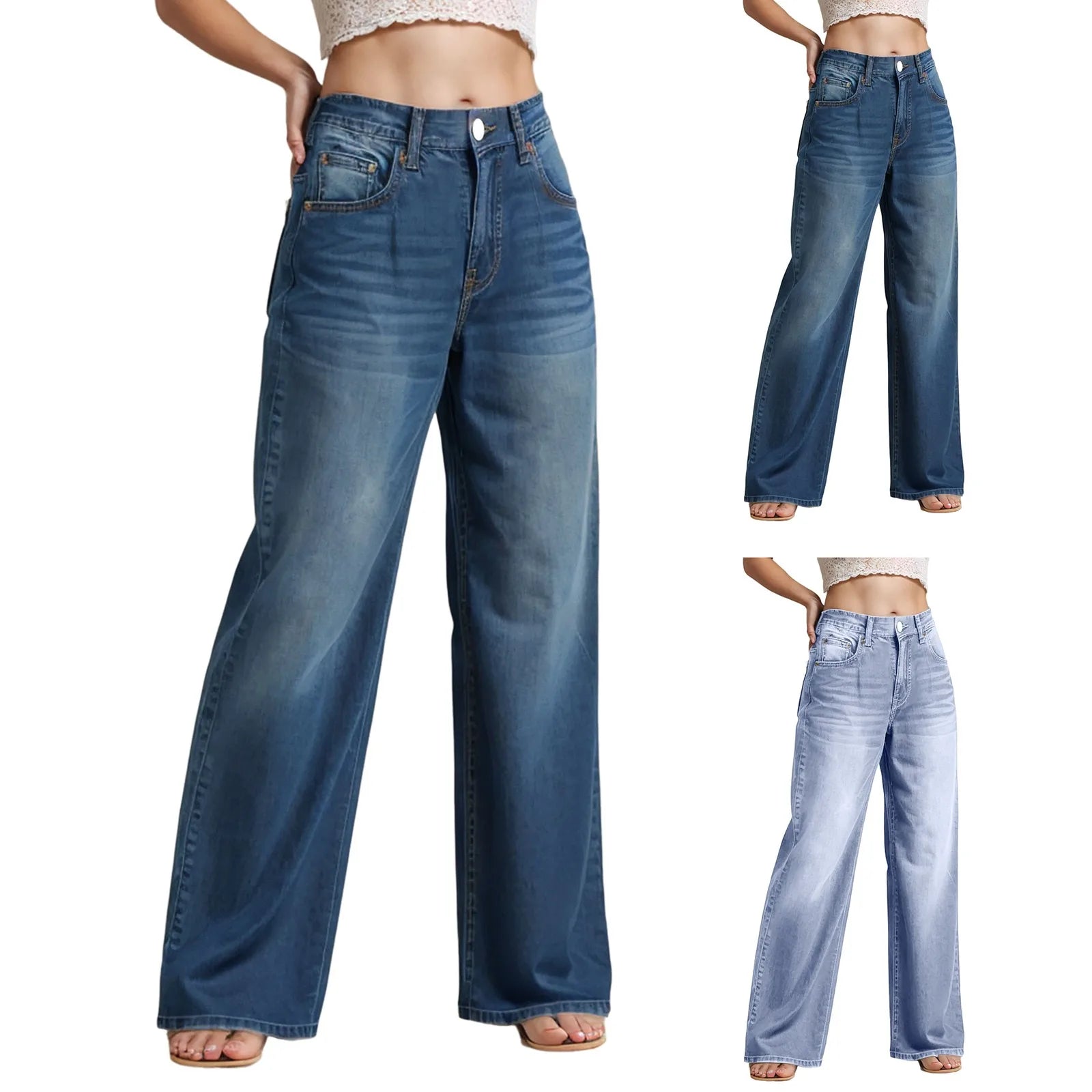 High-Waist Blue Wash Wide-Leg Jeans for Women – Stretch Comfort, Baggy Style
