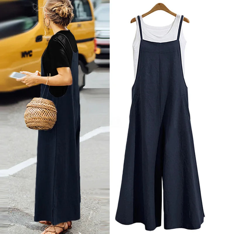 Cotton-Linen Wide-Leg Bib Jumpsuit