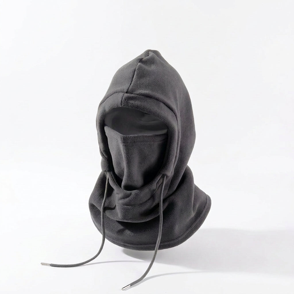 Gray hooded balaclava with a brand logo on a white background