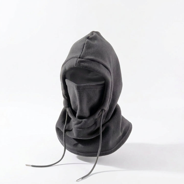 Gray hooded balaclava with a brand logo on a white background