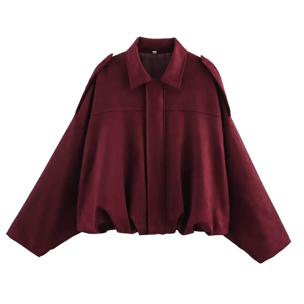 Women Oversized Suede Bomber Jacket Casual Zip Up-HighTouch
