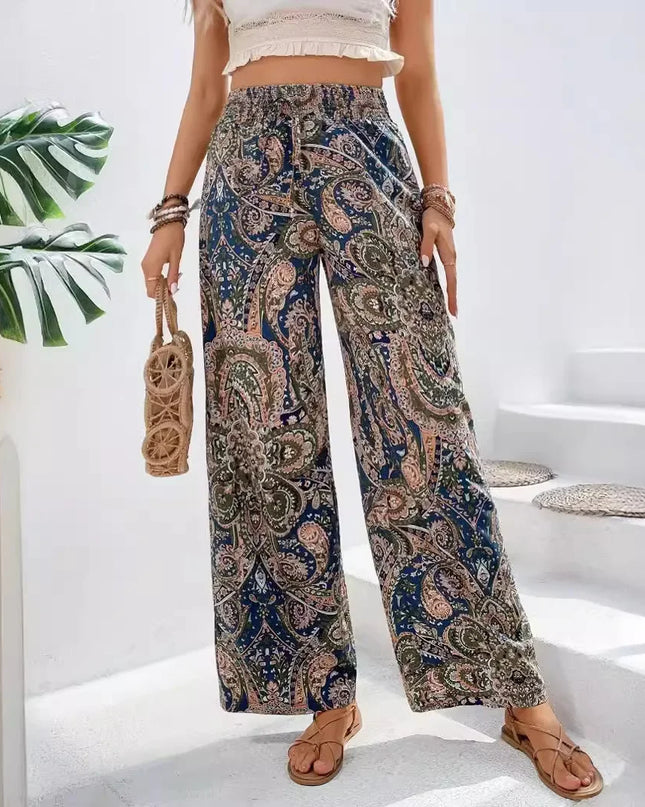 Fashionable Wide-Leg Elastic Waist Printed Pants for Women