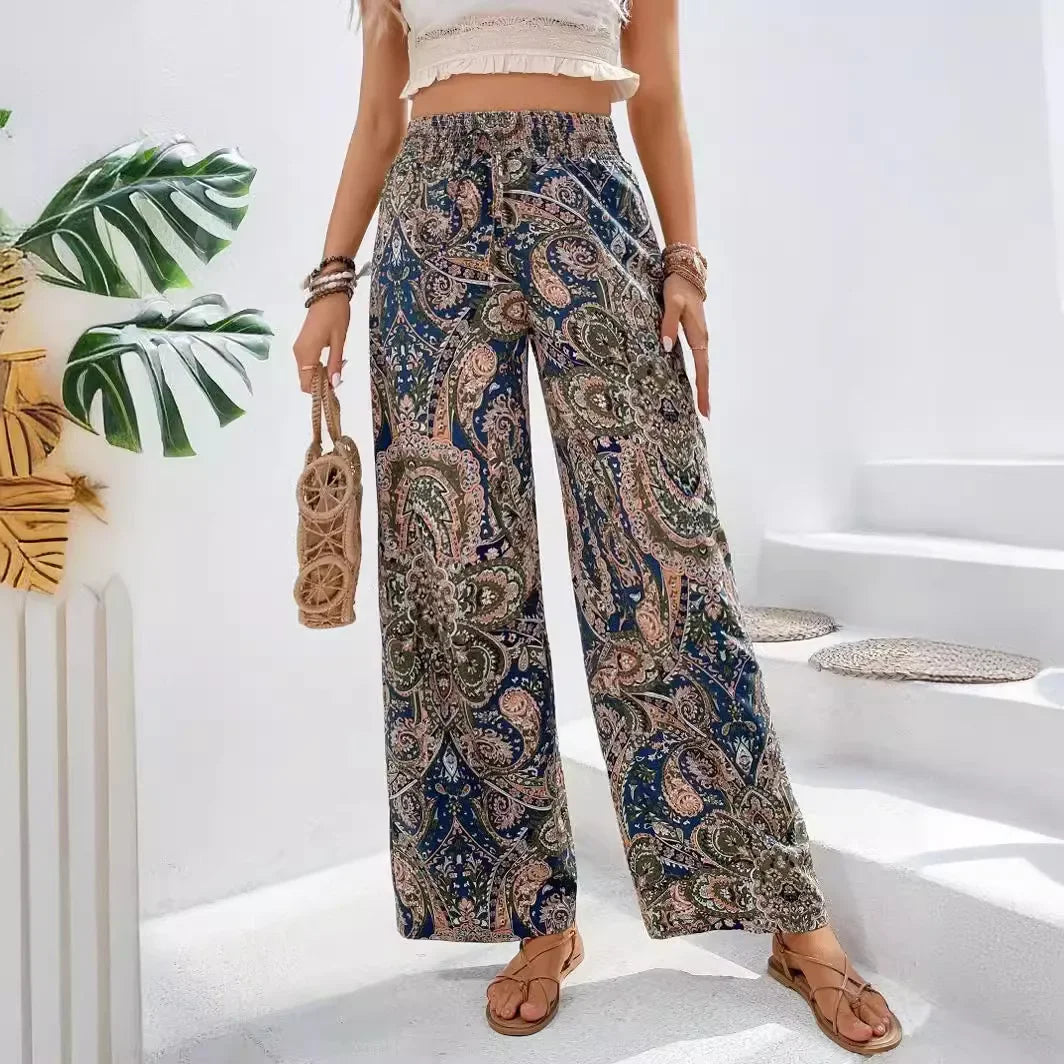 Fashionable Wide-Leg Elastic Waist Printed Pants for Women