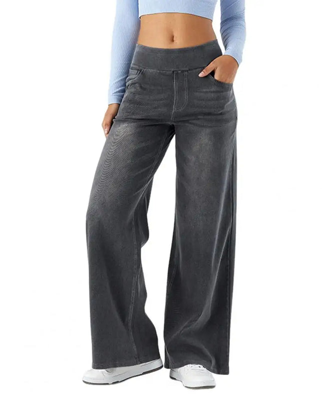High-Waist Full-Length Solid Colour Jeans – Straight-Wide Leg with Elastic Waist & Pockets