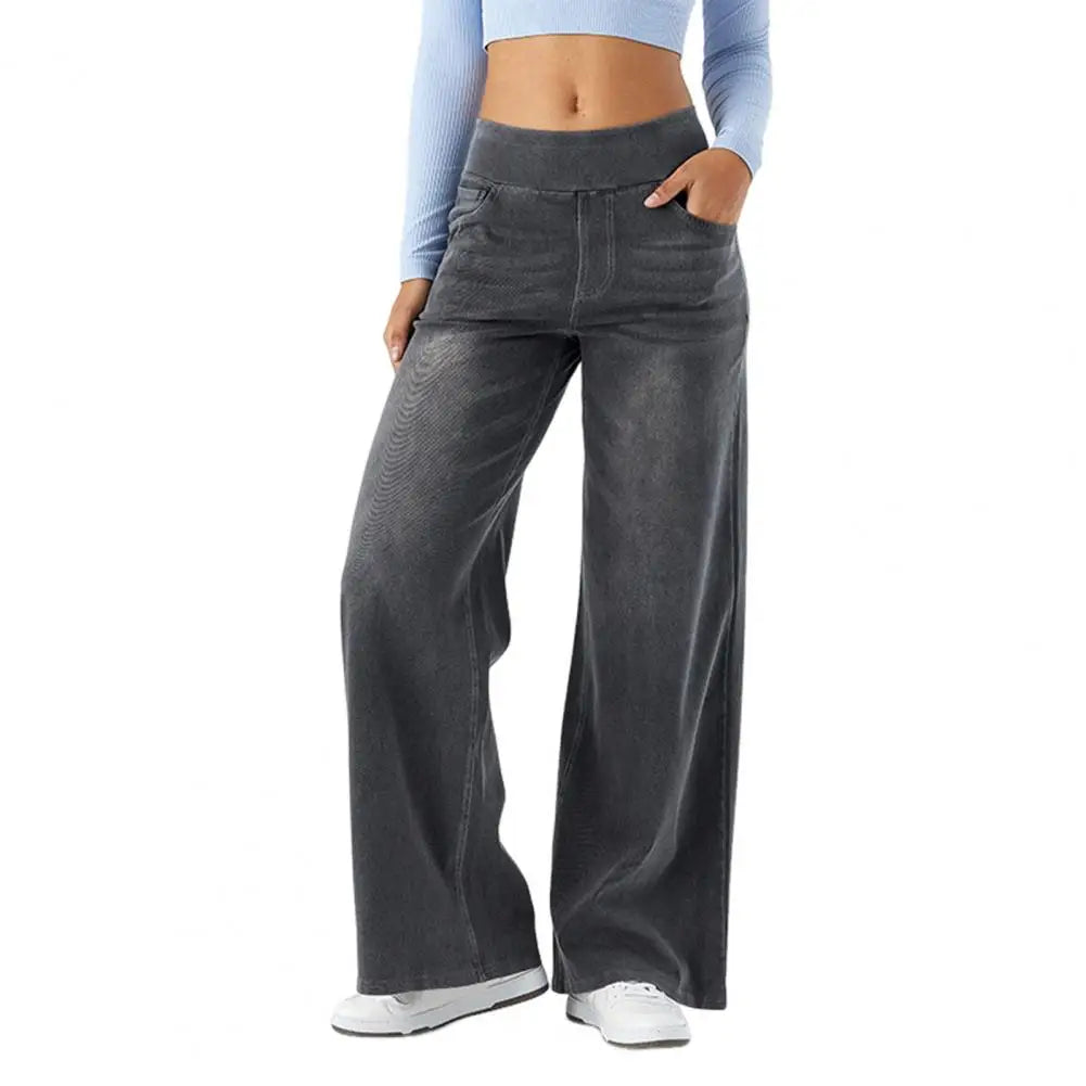 High-Waist Full-Length Solid Colour Jeans – Straight-Wide Leg with Elastic Waist & Pockets-HighTouch