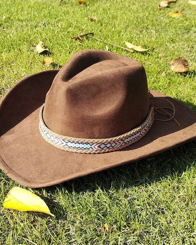 Suede Wide-Brim Western Cowboy Fedora Adjustable Fit