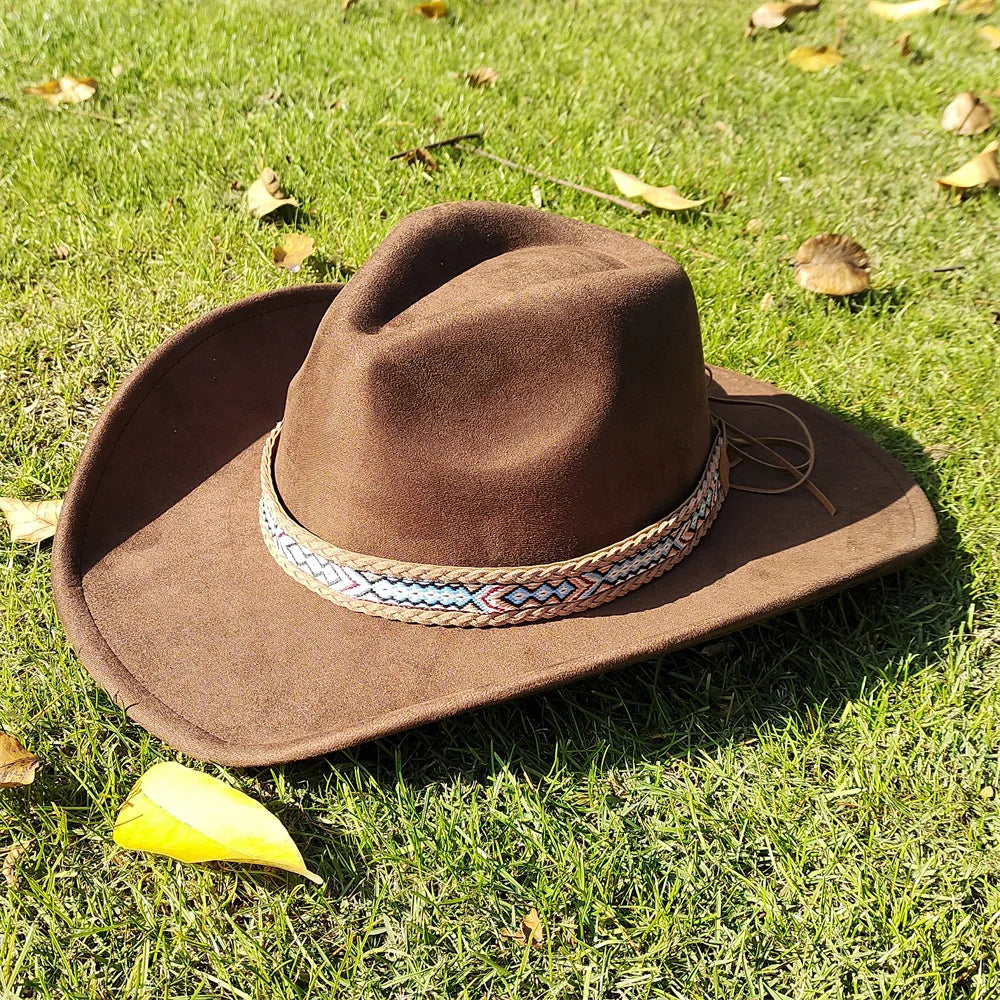 Suede Wide-Brim Western Cowboy Fedora Adjustable Fit