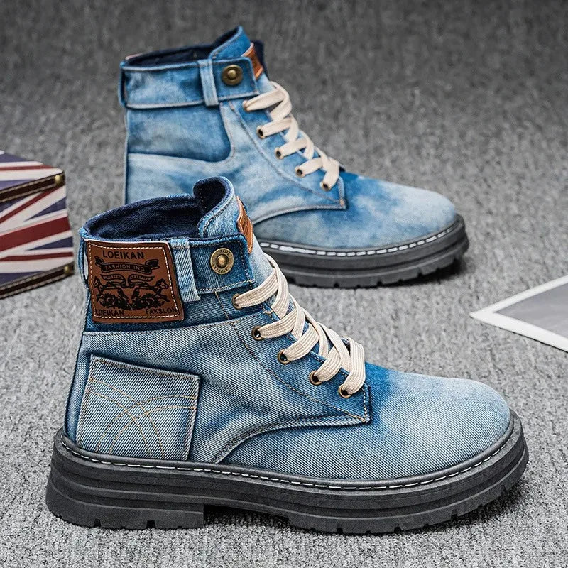 Size 48 Denim Lace-Up Men’s Platform Travel Boots-HighTouch