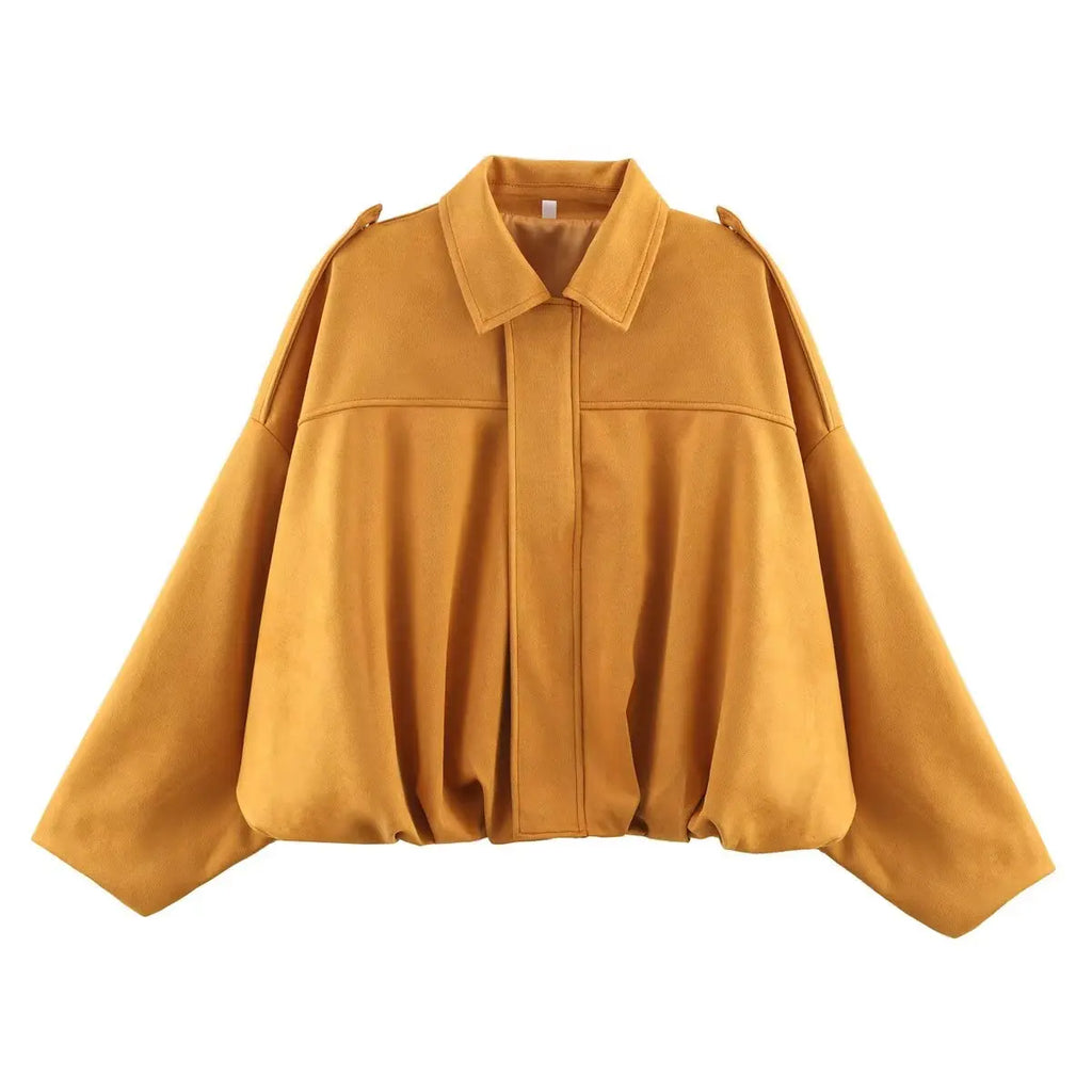 Women Oversized Suede Bomber Jacket Casual Zip Up-HighTouch