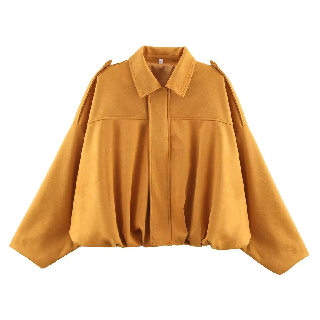 Women Oversized Suede Bomber Jacket Casual Zip Up-HighTouch