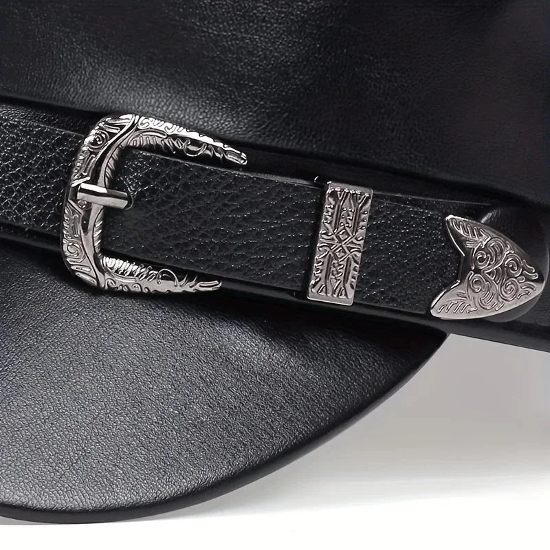 Leather Beret Cap Autumn Belt Buckle Flat Top Captain Hat