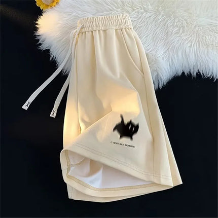 Y2K Oversized Kitten Print Shorts – High-Waist Streetwear Style