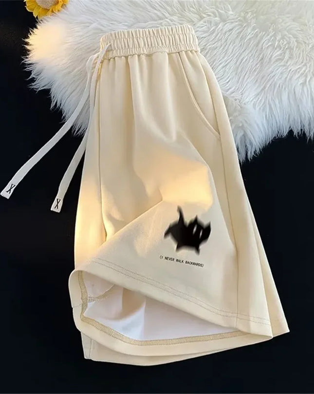 Y2K Oversized Kitten Print Shorts – High-Waist Streetwear Style
