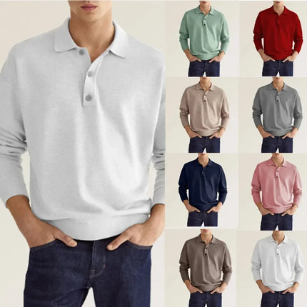 Solid Long Sleeve Men's Polo Shirt – Slim Fit Button Neck Pullover