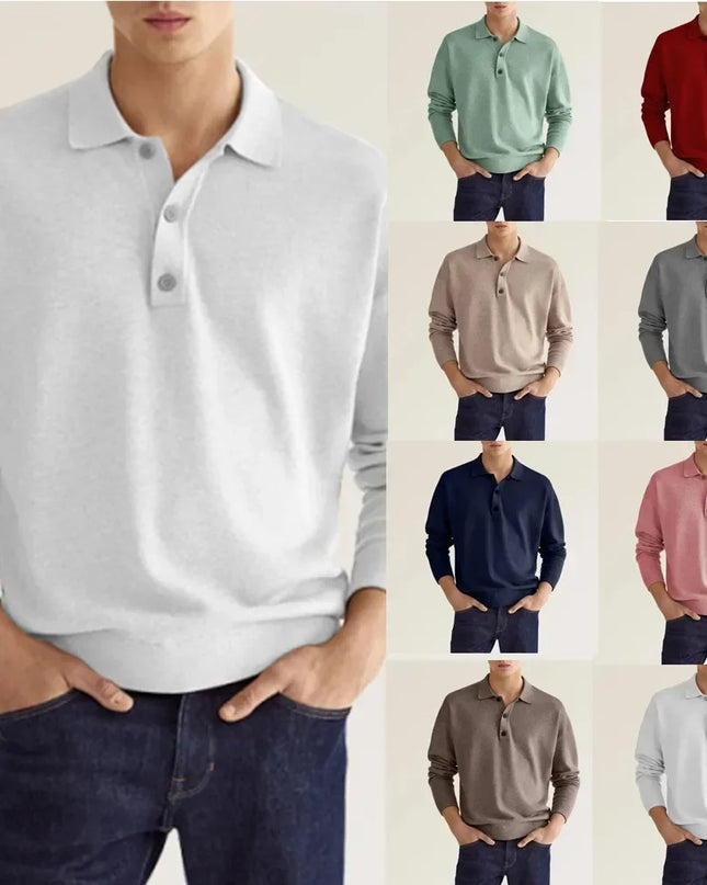 Solid Long Sleeve Men's Polo Shirt – Slim Fit Button Neck Pullover