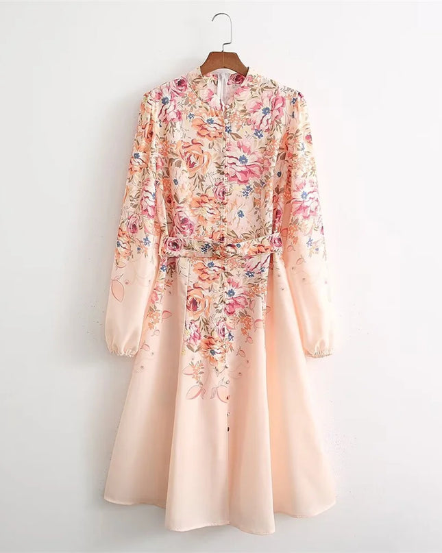 Zach Ailsa Stand-Collar Long-Sleeve Printed with Belt Shirt Style Dress