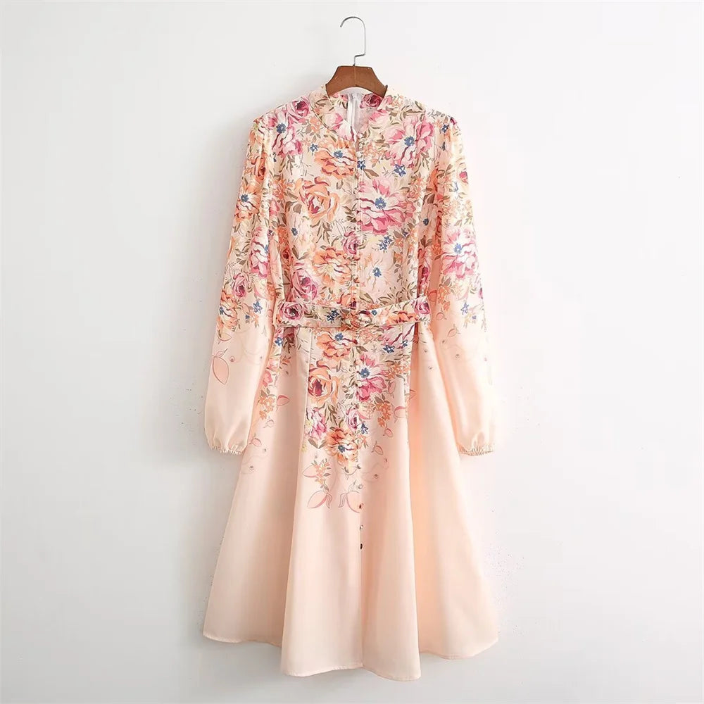 Vestito camicia con collo alla coreana, maniche lunghe, stampa e cintura Zach Ailsa