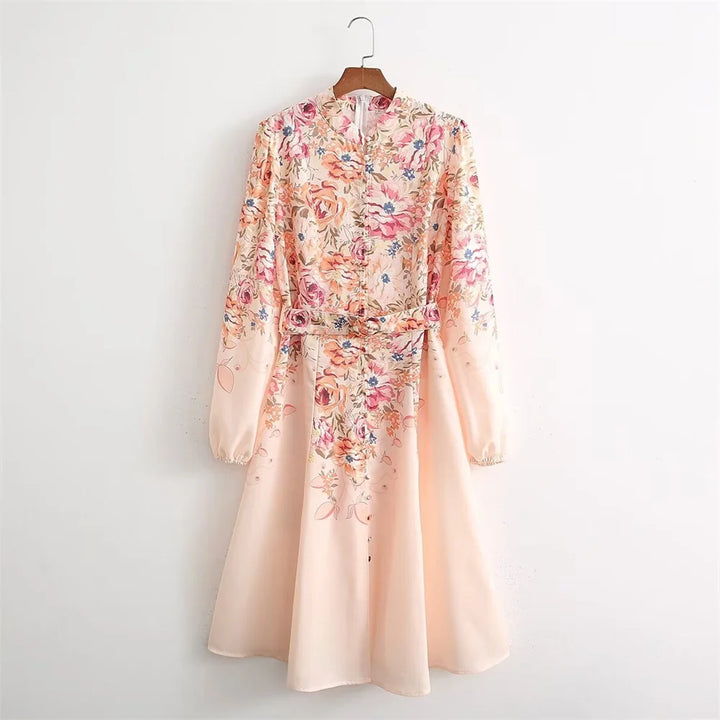 Zach Ailsa Stand-Collar Long-Sleeve Printed with Belt Shirt Style Dress-HighTouch