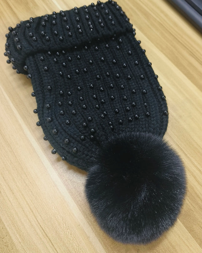 Pearl & Rhinestone Pom Pom Beanie