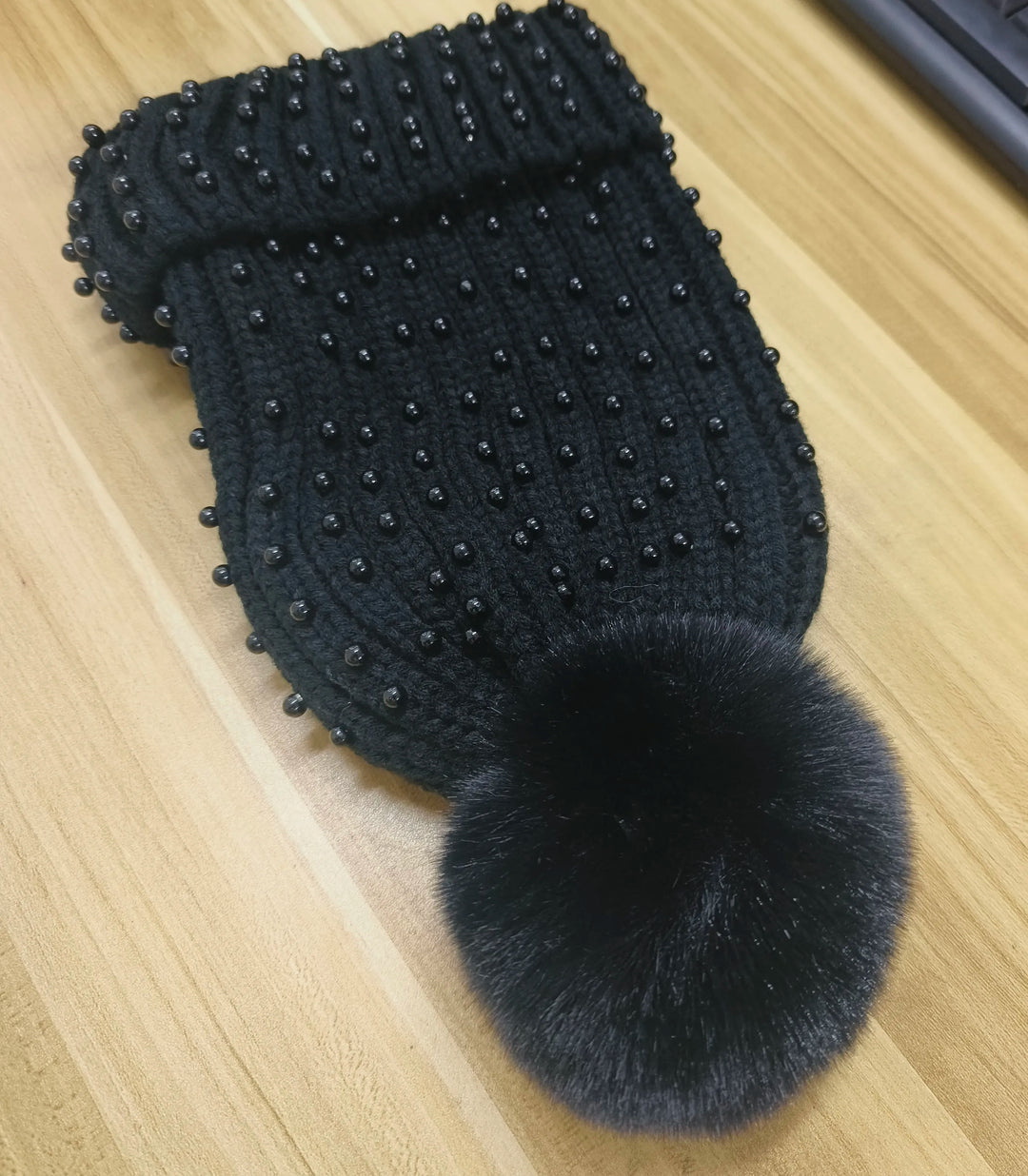 Pearl & Rhinestone Pom Pom Beanie-HighTouch