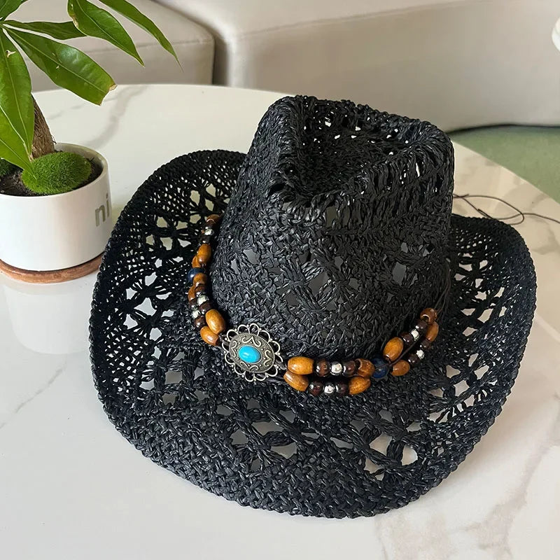Bohemian Straw Cowboy Sun Hat – Wooden Beads