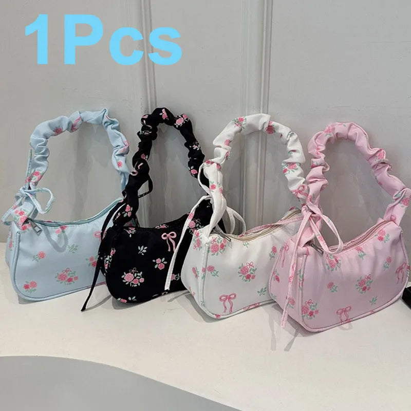 Floral Bow Canvas Pleated Drawstring Shoulder Bag – Aesthetic Underarm Purse-HighTouch