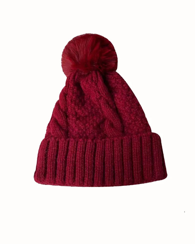 Twist-Knitted Women’s Winter Beanie with Fur Pom-Pom