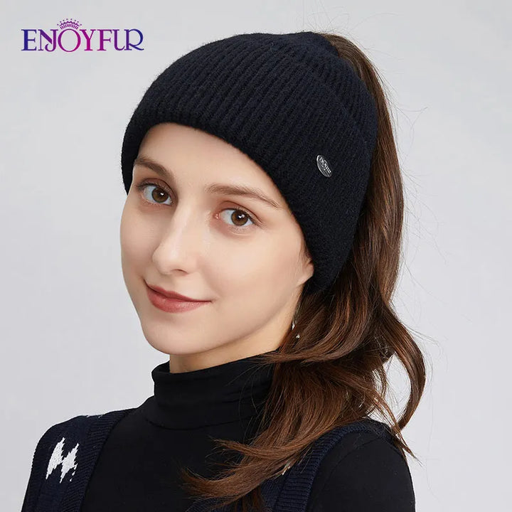 Enjoy Fur Women’s Winter Knit Ponytail Beanie-HighTouch