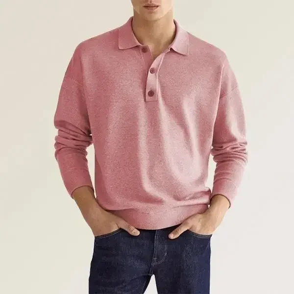 Solid Long Sleeve Men's Polo Shirt – Slim Fit Button Neck Pullover