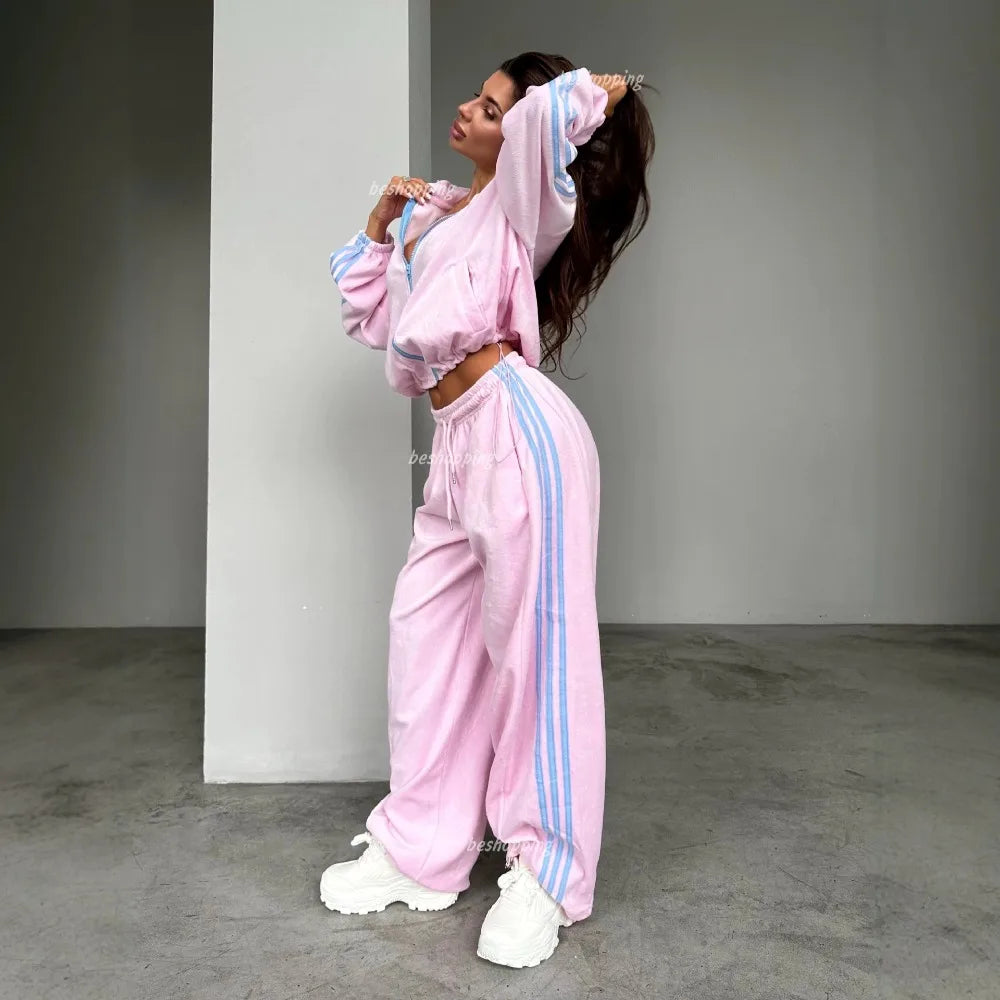 Autumn and Winter Women's Street Style Thick Warm Zipper Jacket Pants 2Pcs