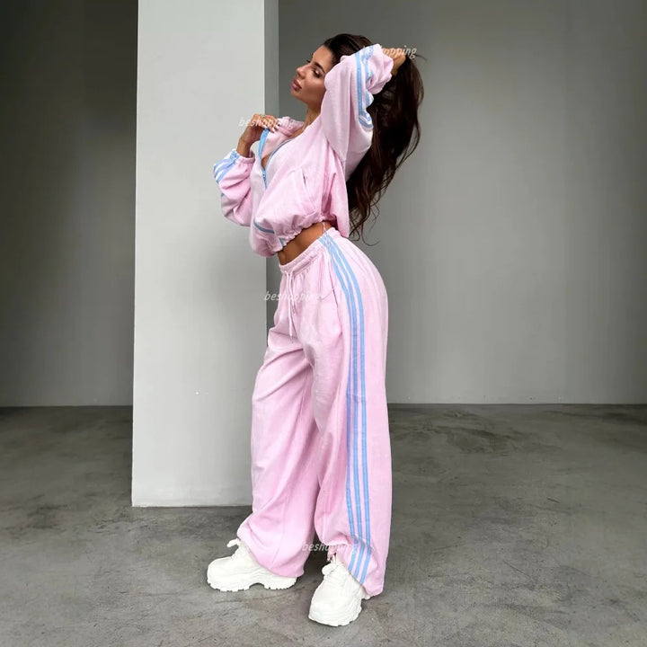 Autumn and Winter Women's Street Style Thick Warm Zipper Jacket Pants 2Pcs