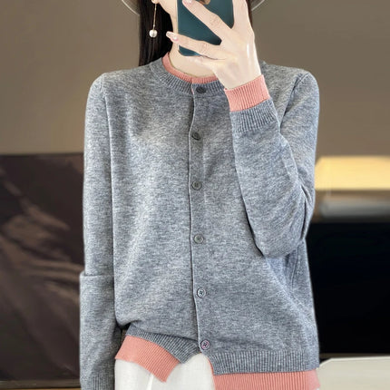 Spring Knit Patchwork Cardigan Lightweight O‑Neck Long Sleeve Sweater for Women