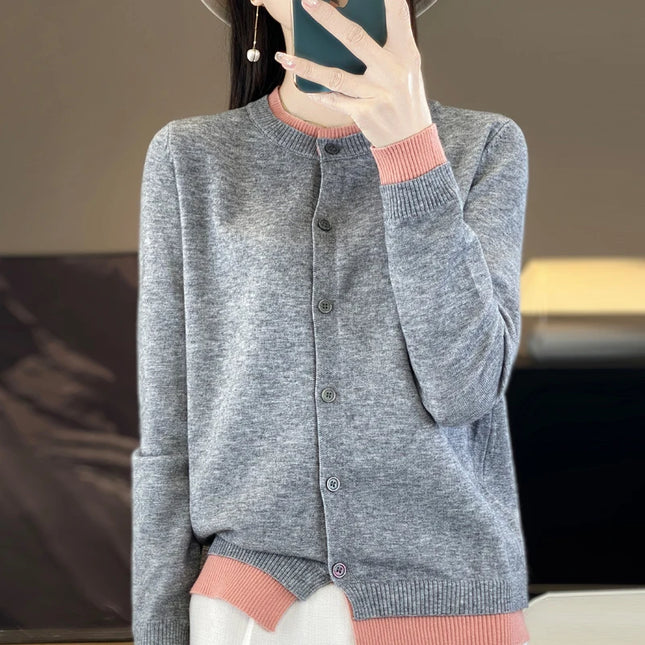 Spring Knit Patchwork Cardigan Lightweight O‑Neck Long Sleeve Sweater for Women