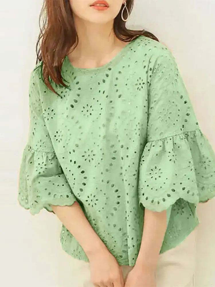 Elegant Hollow-Out Lace Blouse-HighTouch