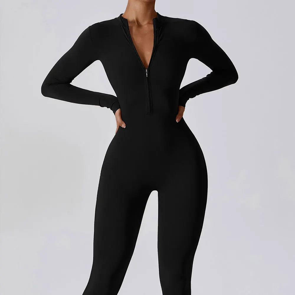Women’s Slim Fit Jumpsuit Long Sleeve Zip Front Casual Outfit-HighTouch