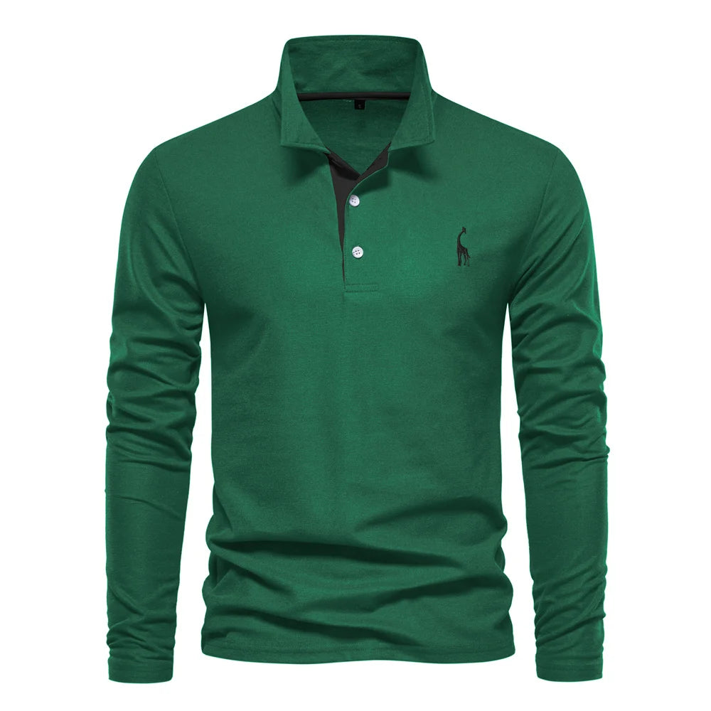 Men’s Deer-Embroidered Long Sleeve Polo-HighTouch