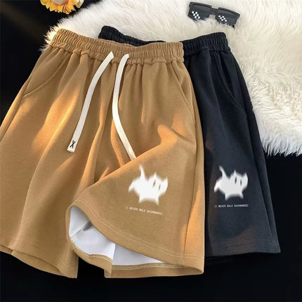 Y2K Oversized Kitten Print Shorts – High-Waist Streetwear Style