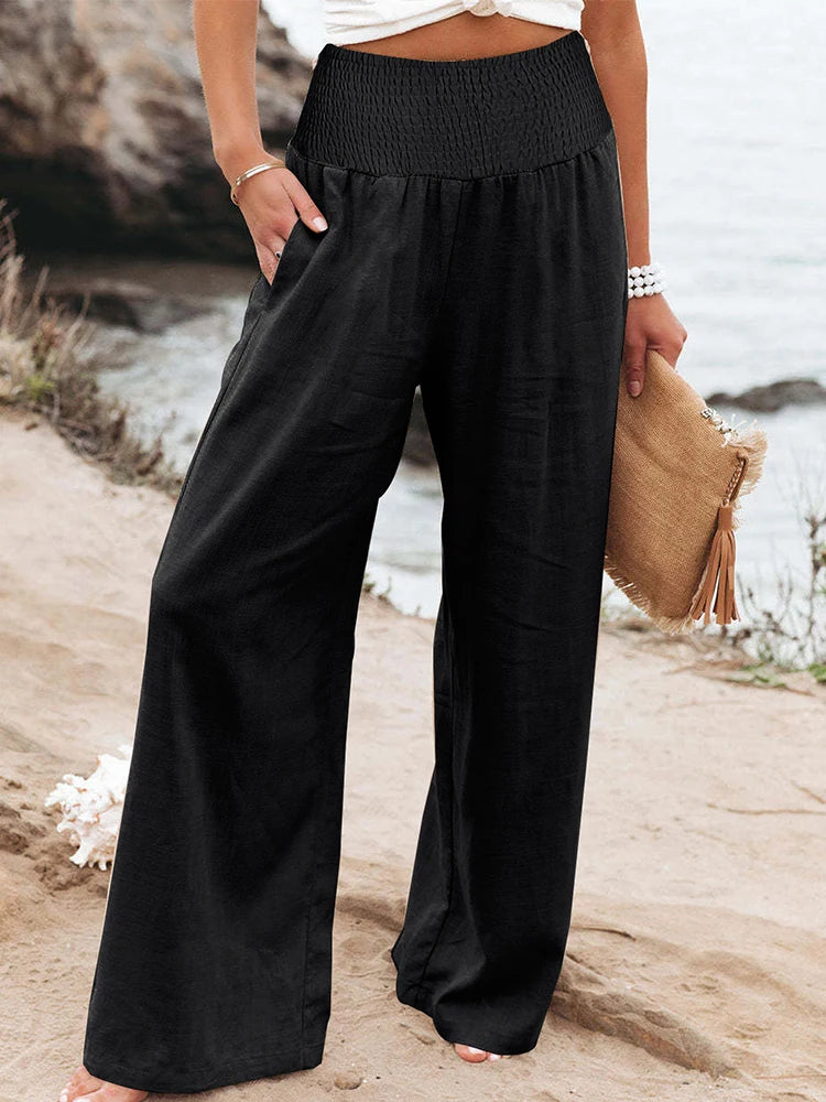 Plus-Size High-Waist Wide-Leg Cotton-Linen Pants – Retro Casual Elastic Trousers-HighTouch