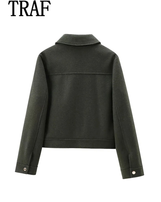 Women's Winter Zipper Jacket - Elegant Short Street Coat with Pockets