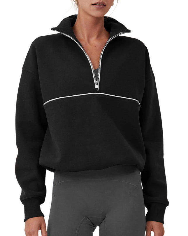 Colour-Block Half-Zip Pullover Sweatshirt – Loose Streetwear Long Sleeve