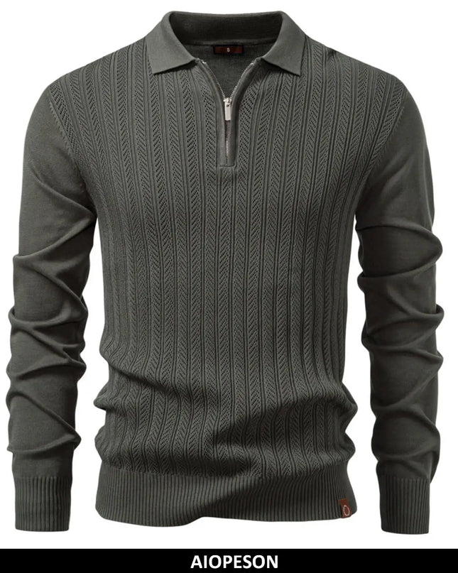 Premium Textured Zip-Collar Polo – Slim Fit Long Sleeve Men’s Business Casual
