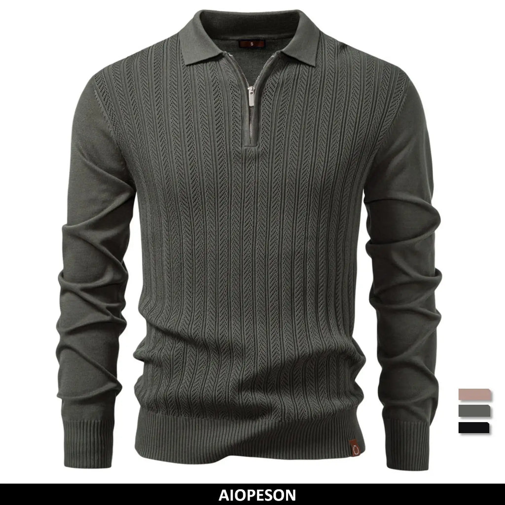 Premium Textured Zip-Collar Polo – Slim Fit Long Sleeve Men’s Business Casual